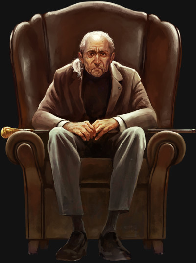 Ilustración de Alfred Argherton. Alfred es un hombre anciano con el rostro arrugado y serio. Su piel es pálida, y su cabello blanco está recogido en una pequeña coleta. Sus ojos hundidos muestran cansancio, pero aún reflejan astucia. Su expresión es dura, transmitiendo la imagen de un ejecutivo experimentado y firme.
