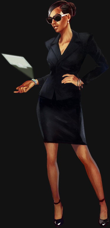 Ilustración de Leila Larrabee. Leila es una mujer elegante de piel bronceada, con el cabello oscuro recogido en un moño pulido. Lleva gafas de sol grandes que cubren la mayor parte de sus ojos, y sus labios estÔn ligeramente entreabiertos, mostrando seguridad. Un pendiente pequeño y brillante cuelga de su oreja, completando su aspecto sofisticado.