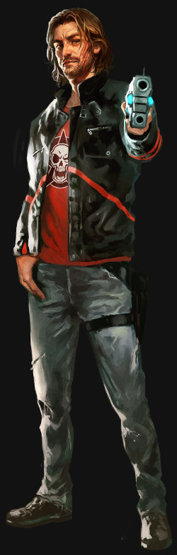 Ilustración de Lone Agent. Agent es un hombre con una cicatriz en la mejilla que le da un aspecto rudo y peligroso. Tiene el cabello largo, castaño claro y despeinado, y lleva barba. Su expresión es segura, con una leve sonrisa irónica, y sus ojos muestran desconfianza, reflejando la dureza de su vida como empleado de la Eternal Security Corporation.